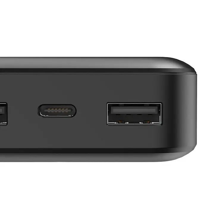 Hama Powerbank Pocket 10 10000 mAh Fast Charge LiPo - Schwarz - Dunkelgraue Powerbank mit einem USB-C- und einem USB-A-Anschluss.