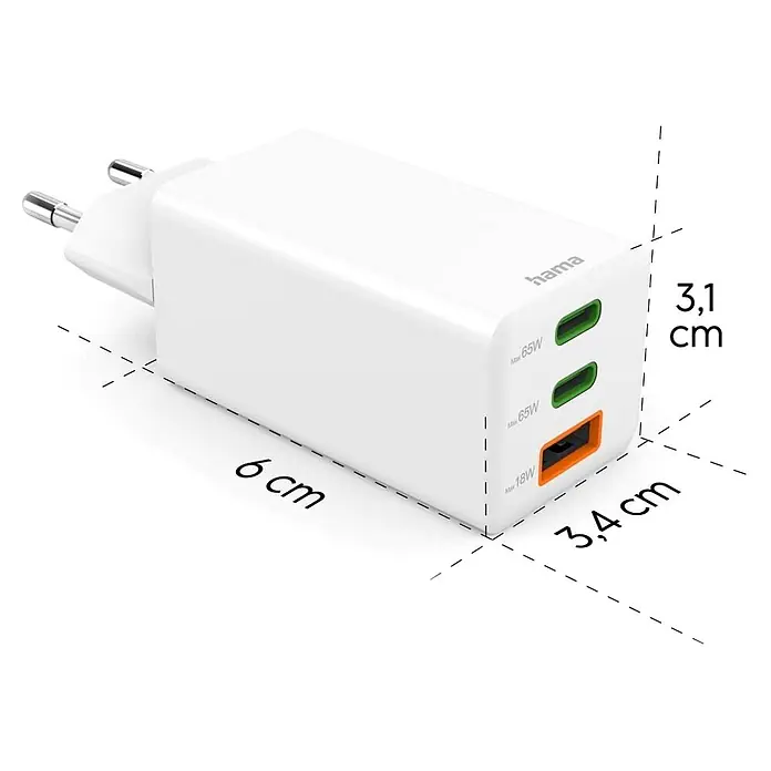 Hama Schnellladegerät 00201996 GaN 2x USB-C 1x USB-A Mini PD 65 W - Weiß - Weißes Hama Mehrfach-Ladegerät mit zwei 65W USB-C und einem 18W USB-A Anschluss, 6x3.4x3.1 cm, Eurostecker.