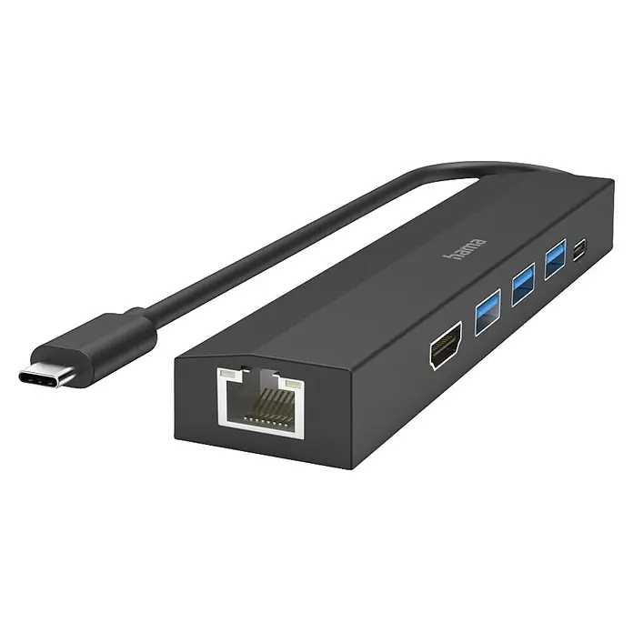 Hama USB-Ladeadapter 00200144 Multiport 6 Ports 3x USB-A USB-C HDMI LAN/Ethernet - Schwarz - Schwarzer USB-C Multiport-Adapter mit Ethernet-, HDMI- und USB-A-Anschlüssen, und USB-C-Kabel.
