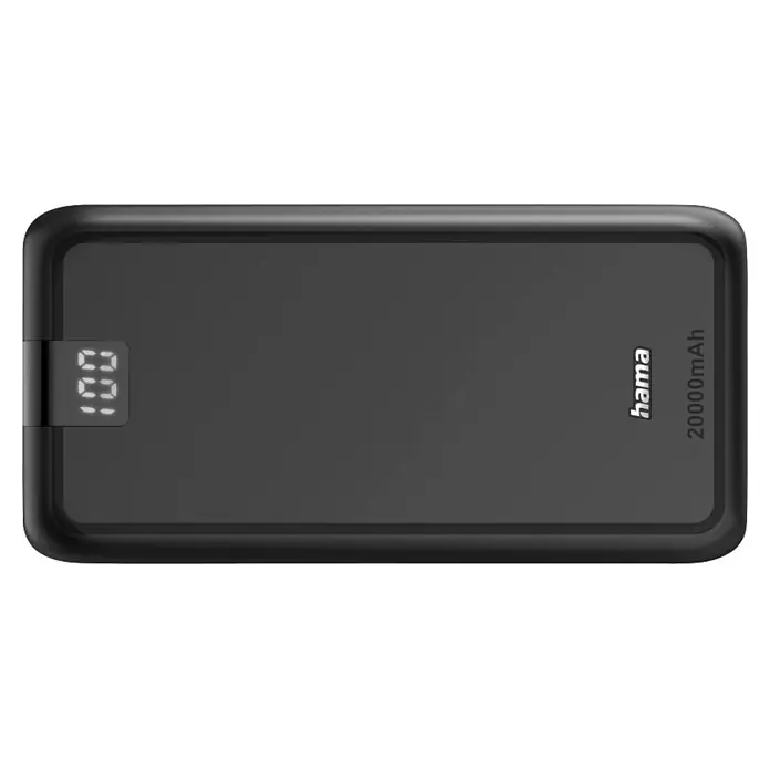 Hama Powerbank 00201710 "Performance 20" 20000mAh USB-C 2x USB-A - Schwarz - Dunkelgraue Powerbank mit Digitalanzeige '100', Marke 'hama' und Kapazität '20000mAh'.