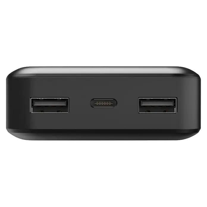Hama Powerbank Pocket 10 10000 mAh Fast Charge LiPo - Schwarz - Glattes schwarzes Multi-Port-Ladegerät mit zwei USB-A-Anschlüssen und einem USB-C-Anschluss.