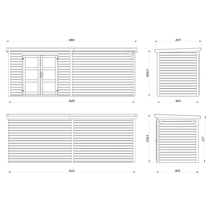Palmako Gartenhaus Olivia - Außenmaß inkl. Dachüberstand (B x T): 580 x 206 cm, Holz, Braun - Bauplan eines rechteckigen Gartenhauses mit Doppeltüren und Pultdach, mit Maßen.