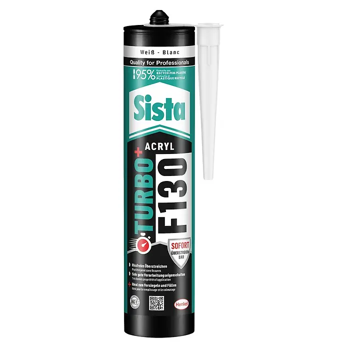 Sista Acryl Turbo F130 - Weiß, 300 ml - Weißer Sista Turbo+ F130 Acryl-Dichtstoff für Profis, in Kartusche aus 95% recyceltem Plastik, überstreichbar.