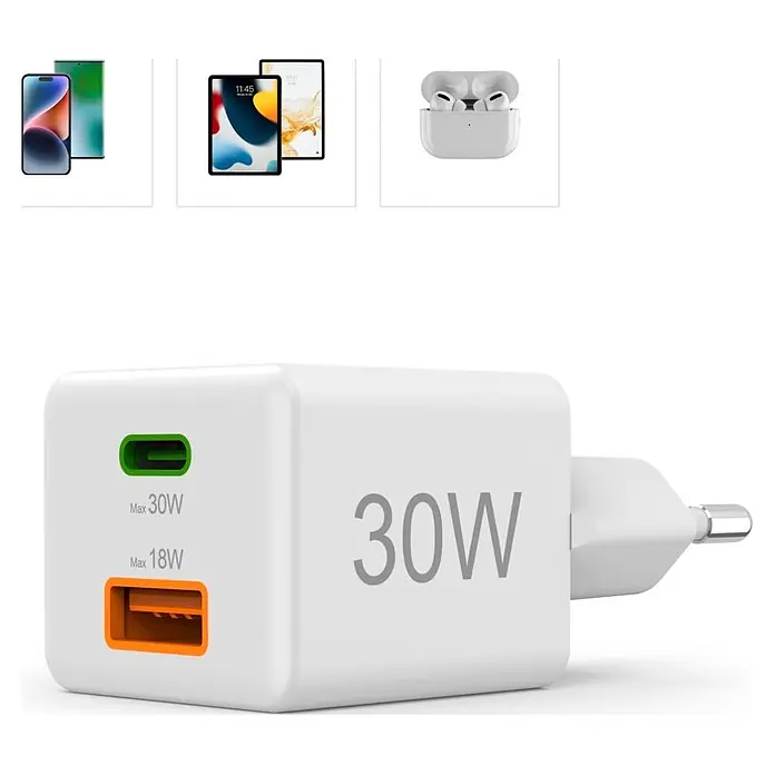 Hama Schnellladegerät 00201992 1x USB-C 1x USB-A Mini PD 30 W - Weiß - Weißes 30W Dual-Port USB-Ladegerät (USB-C 30W, USB-A 18W) mit EU-Stecker. Gezeigt mit kompatiblen Telefonen, Tablets, AirPods.