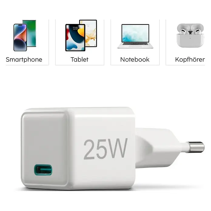 Hama Schnellladegerät 00201981 USB-C Super-Mini-Charger PD 25 W - Weiß - Weißes 25W USB-C Wandladegerät mit Eurostecker, geeignet für Smartphones, Tablets, Notebooks und Kopfhörer.