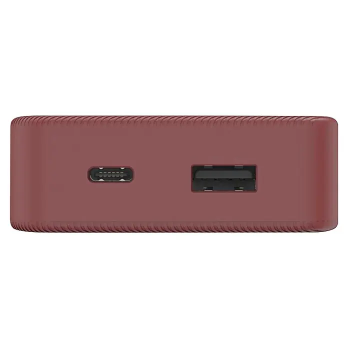 Hama Powerbank 10000 mAh Fast Charge LiPo - Rot - Dunkelrotes, rechteckiges Gerät mit geriffelten Kanten, einem USB-C- und einem USB-A-Anschluss.