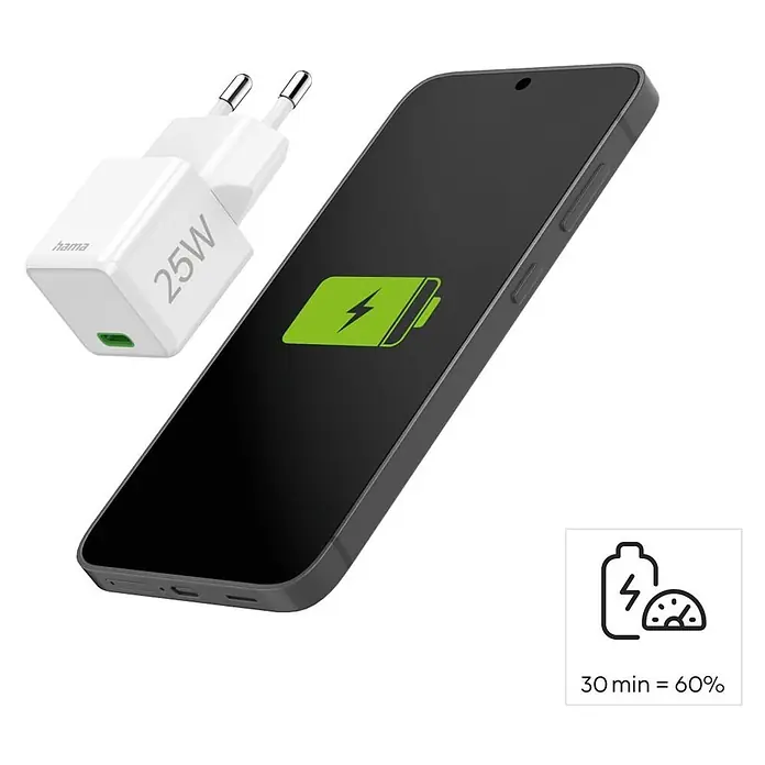 Hama Schnellladegerät 00201981 USB-C Super-Mini-Charger PD 25 W - Weiß - Weißes 25W Hama Ladegerät neben einem schwarzen Smartphone mit grünem Ladeakku-Symbol, das schnelles Laden anzeigt (30 Min = 60%).
