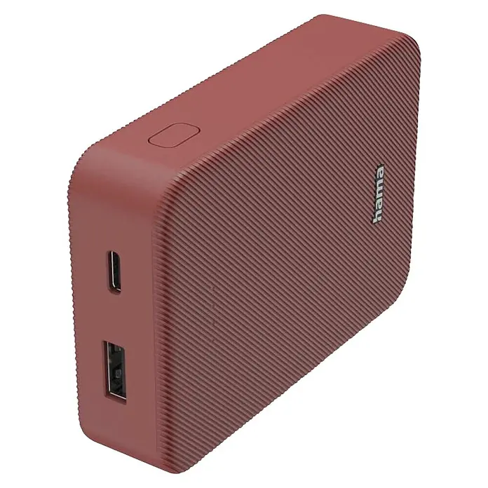 Hama Powerbank 10000 mAh Fast Charge LiPo - Rot - Dunkelrote, strukturierte Powerbank mit USB-C-, USB-A-Anschlüssen und Power-Taste für mobiles Laden.