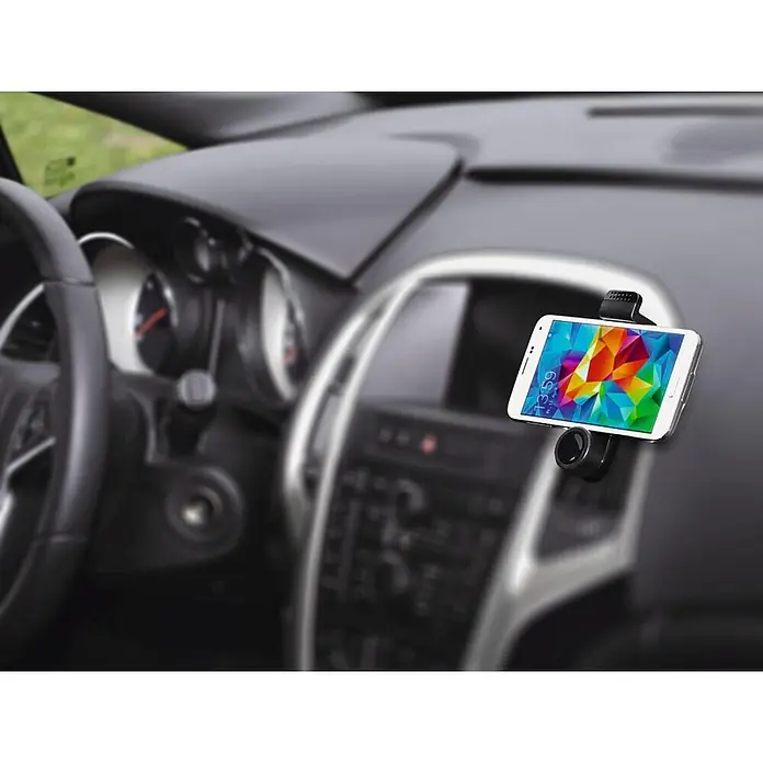 Hama Handyhalter 00201703 "Flipper" - Schwarz - Schwarze Autohalterung hält ein weißes Smartphone horizontal auf einem Armaturenbrett.