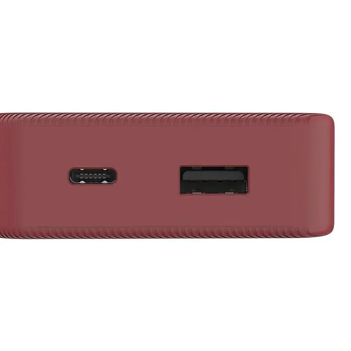 Hama Powerbank 10000 mAh Fast Charge LiPo - Rot - Maronfarbenes Elektronikgerät mit einem USB-C-Anschluss und einem USB-A-Anschluss.