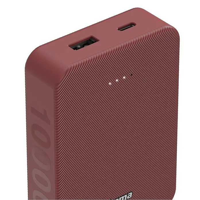 Hama Powerbank 10000 mAh Fast Charge LiPo - Rot - Texturierte 10000mAh Powerbank in Rotbraun mit USB-A-, USB-C-Anschlüssen und LED-Anzeigen.