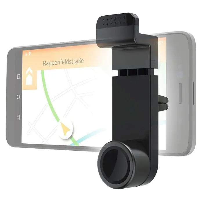 Hama Handyhalter 00201703 "Flipper" - Schwarz - Schwarze Smartphone-Halterung hält ein Navigations-Handy. Zur Befestigung an Lüftungsschlitzen.