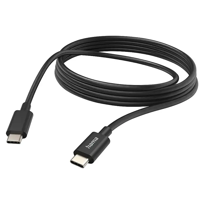 Hama USB-Kabel 00201593 USB-C - USB-C - 3 m, Schwarz - Schwarzes aufgerolltes USB-C zu USB-C Kabel, mit 'hama' Markierung auf einem Stecker.