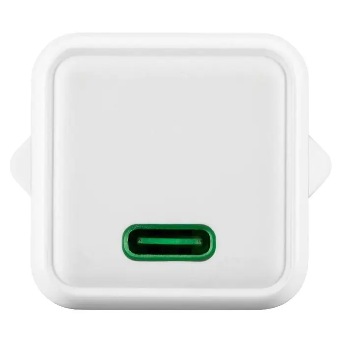 Hama Schnellladegerät 00201981 USB-C Super-Mini-Charger PD 25 W - Weiß - Weißes, quadratisches USB-C Ladegerät mit grünem Anschluss.
