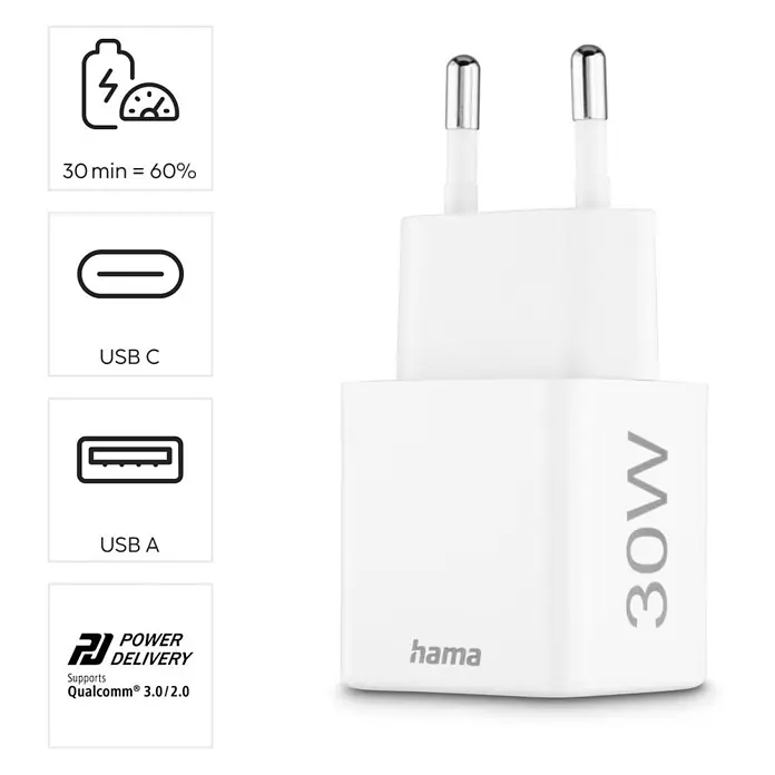 Hama Schnellladegerät 00201992 1x USB-C 1x USB-A Mini PD 30 W - Weiß - Weißes Hama 30W USB-C/A Ladegerät mit Power Delivery & Qualcomm 3.0/2.0 für schnelles Laden (30 Min = 60%).