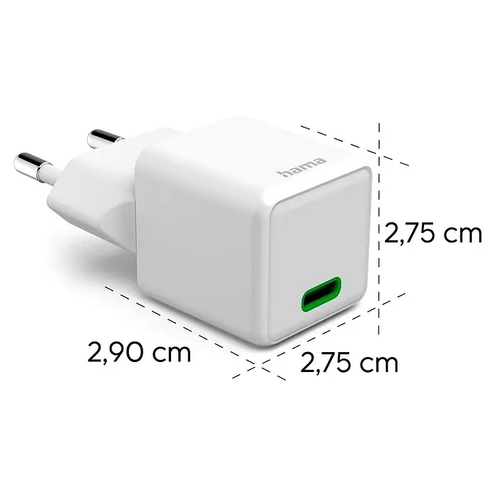Hama Schnellladegerät 00201981 USB-C Super-Mini-Charger PD 25 W - Weiß - Weißes Hama Kompakt-Netzteil mit grünem USB-C-Anschluss, Maße 2,90 x 2,75 x 2,75 cm.
