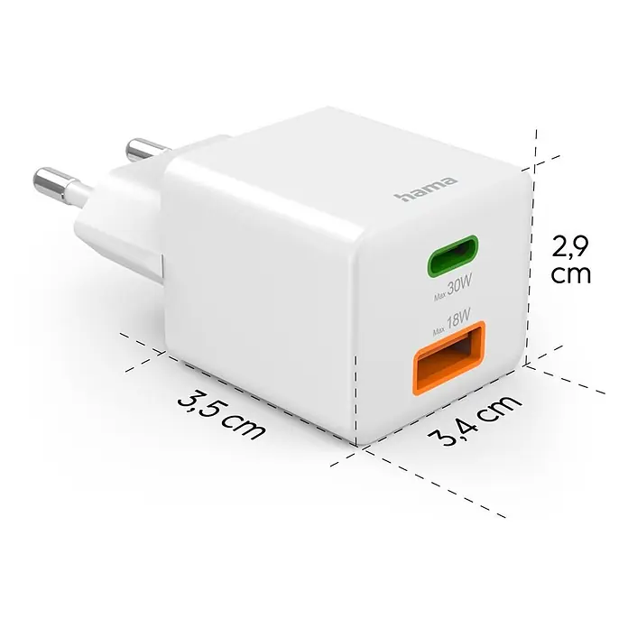 Hama Schnellladegerät 00201992 1x USB-C 1x USB-A Mini PD 30 W - Weiß - Weißes Hama Dual-Port USB-Ladegerät, 2,9x3,4x3,5 cm, mit grüner (max. 30W) und oranger (max. 18W) Buchse.