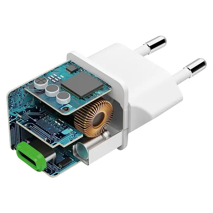 Hama Schnellladegerät 00201981 USB-C Super-Mini-Charger PD 25 W - Weiß - Schnittbild eines weißen USB-Netzteils, das seine internen Leiterplatten, Komponenten und einen grünen USB-C-Anschluss zeigt.
