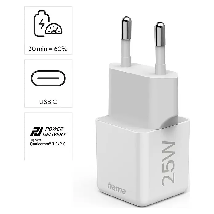 Hama Schnellladegerät 00201981 USB-C Super-Mini-Charger PD 25 W - Weiß - Weißes Hama 25W USB-C Netzteil für schnelles Laden. Unterstützt Power Delivery und Qualcomm Quick Charge.