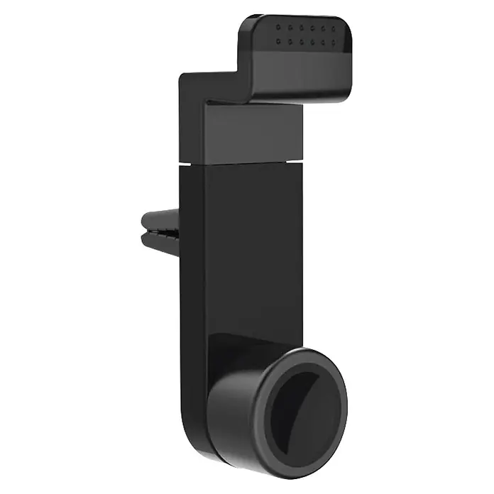 Hama Handyhalter 00201703 "Flipper" - Schwarz - Glänzendes schwarzes Autozubehör mit Lüftungsclip. Es hat eine perforierte Oberseite und eine kreisförmige Linse oder einen Sensor an der Unterseite.