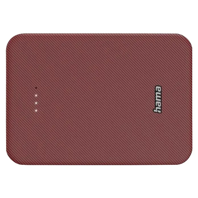Hama Powerbank 10000 mAh Fast Charge LiPo - Rot - Burgunderroter, texturierter Powerbank mit abgerundeten Ecken, Statusleuchten und 'hama'-Logo.