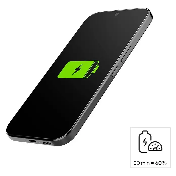 Hama Schnellladegerät 00201992 1x USB-C 1x USB-A Mini PD 30 W - Weiß - Schwarzes Smartphone mit grünem Ladeakku-Symbol. Eine Überlagerung zeigt 30 Min = 60% Schnellladung an.