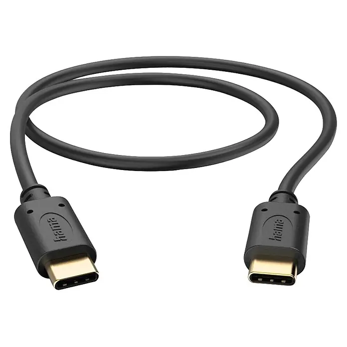 Hama USB-Kabel 00201706 USB-C - USB-C - 0,5 m, Schwarz - Schwarzes USB-C-auf-USB-C-Kabel mit goldfarbenen Anschlüssen für Daten und Laden.
