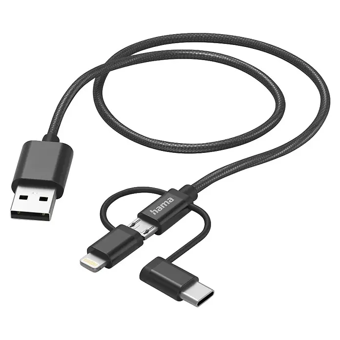 Hama USB-Kabel 00201536 USB-A - Micro-USB USB-C u. Lightning - 1 m, Schwarz - Schwarzes geflochtenes Universal-Ladekabel mit USB-A-, Micro-USB-, Lightning- und USB-C-Anschlüssen.
