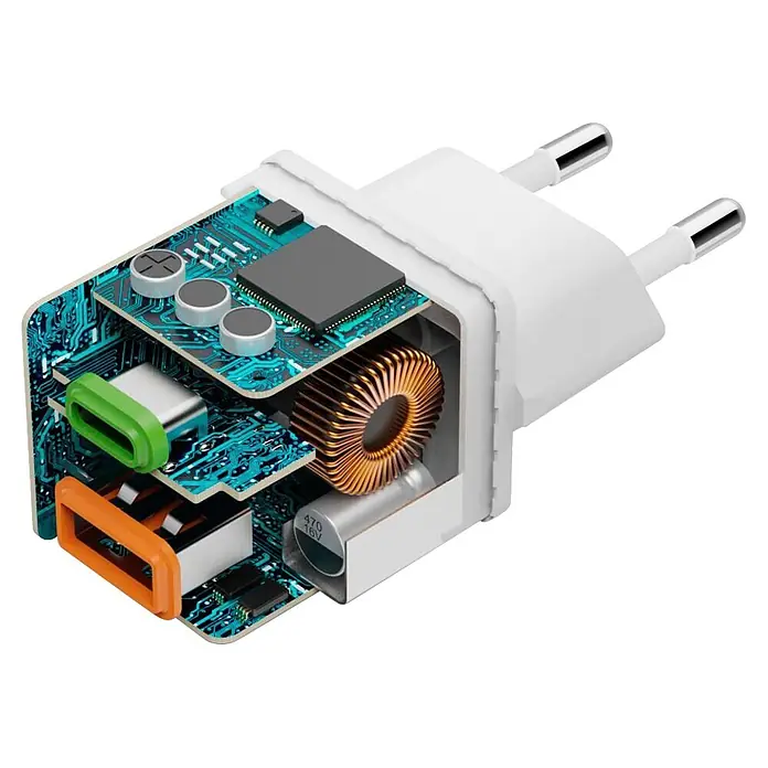 Hama Schnellladegerät 00201992 1x USB-C 1x USB-A Mini PD 30 W - Weiß - Weißes USB-Ladegerät mit freigelegten internen Leiterplatten und elektronischen Komponenten, darunter ein goldener Induktor.