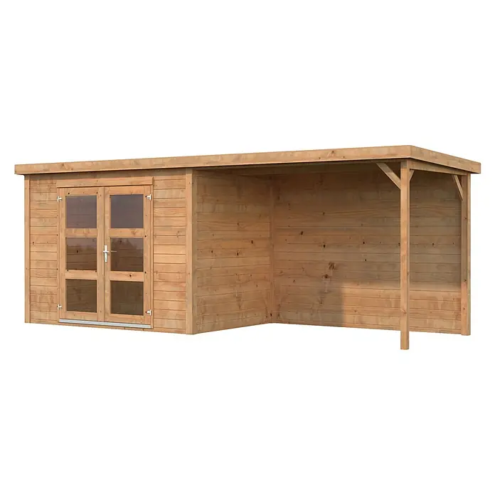 Palmako Gartenhaus Olivia - Außenmaß inkl. Dachüberstand (B x T): 580 x 206 cm, Holz, Braun - Hellbrauner Holz-Gartenschuppen mit Doppeltüren und offenem Anbau/Vorbau.