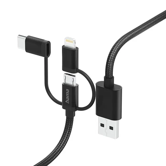 Hama USB-Kabel 00201536 USB-A - Micro-USB USB-C u. Lightning - 1 m, Schwarz - Schwarzes geflochtenes 3-in-1 Ladekabel mit USB-A, USB-C, Lightning und Micro-USB Anschlüssen zum universellen Laden.