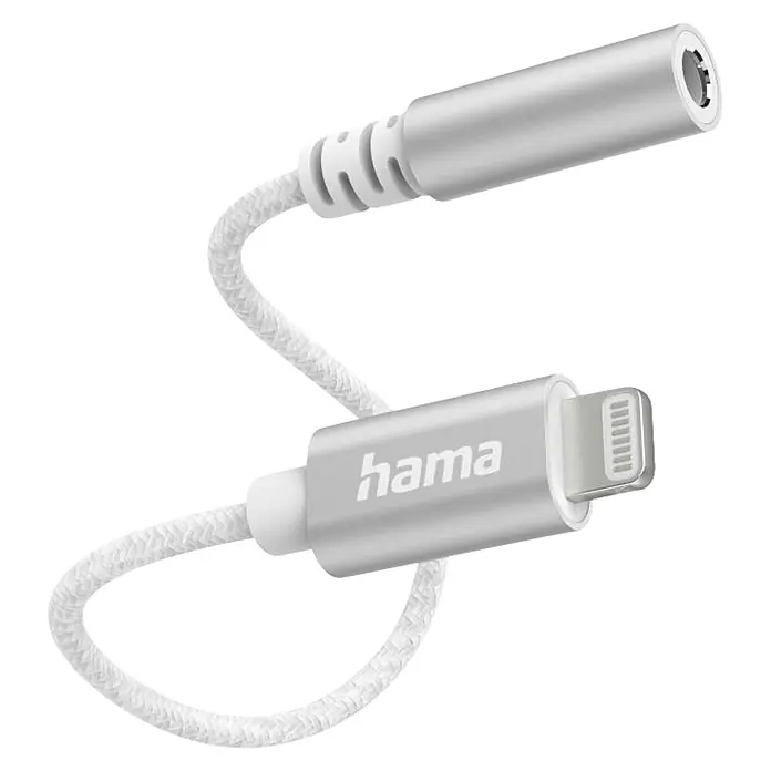 Hama Kabel 00201523 35-mm-Klinke-Buchse - Weiß, 80 cm - Hama Lightning auf 3,5mm Audio-Adapter mit weißem geflochtenem Kabel und silbernen Metallanschlüssen.