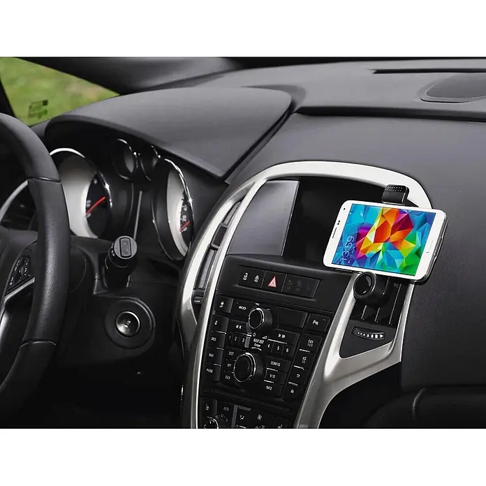 Hama Handyhalter 00201703 "Flipper" - Schwarz - Schwarze Autohalterung hält ein weißes Smartphone horizontal im Lüftungsschlitz eines Autos.
