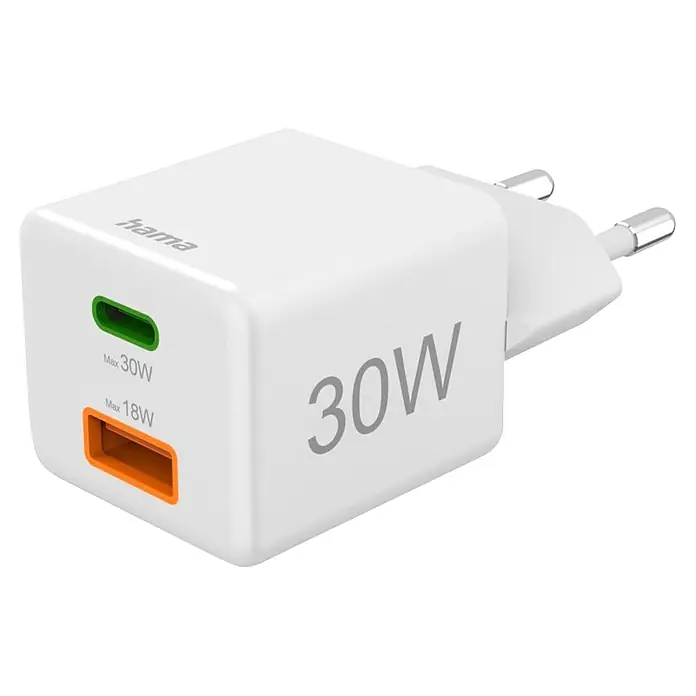 Hama Schnellladegerät 00201992 1x USB-C 1x USB-A Mini PD 30 W - Weiß - Weißes Hama Ladegerät mit zwei Anschlüssen (grün Max 30W, orange Max 18W) und insgesamt 30W Ausgangsleistung, mit Eurostecker.