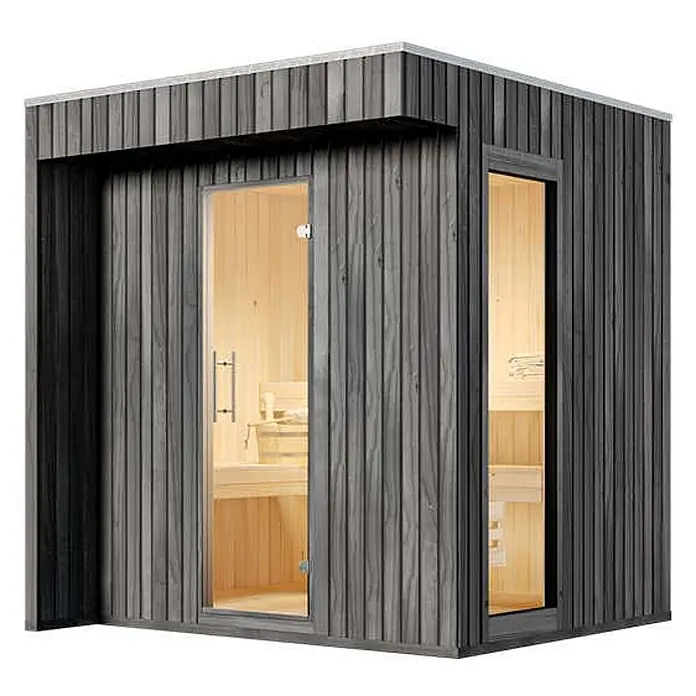FinnTherm Saunahaus Siena Small - L x B x H: 211 x 20 x 236 cm - Moderne Außensauna mit dunkler Holzverkleidung und Glastüren, die helle Holzbänke enthüllen.