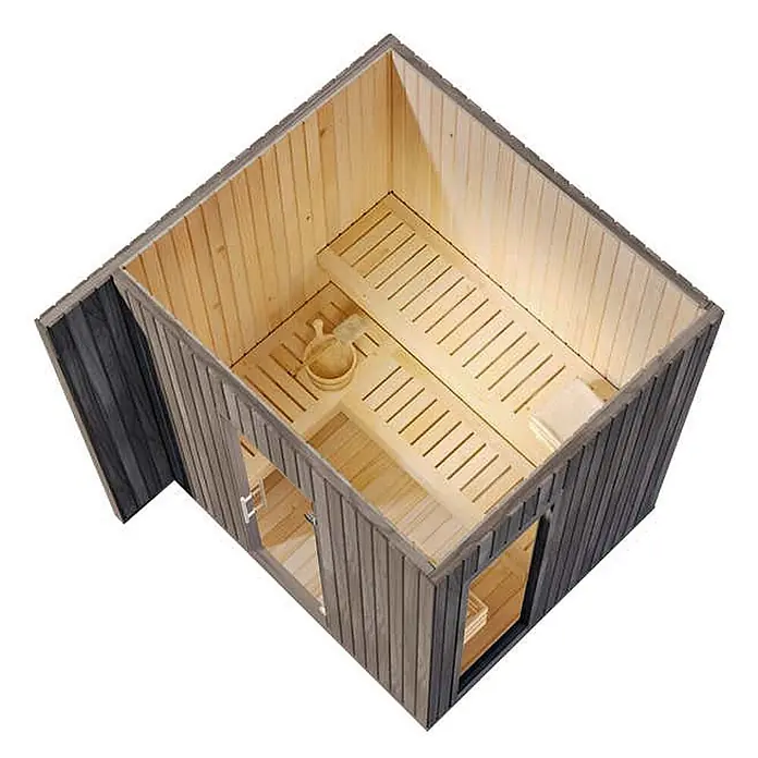 FinnTherm Saunahaus Siena Small - L x B x H: 211 x 20 x 236 cm - Kompakte Holzsaunakabine mit hellen Innenbänken und dunkler Lattenverkleidung außen, von oben gesehen.
