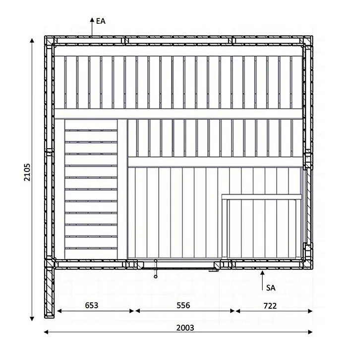 FinnTherm Saunahaus Siena Small - L x B x H: 211 x 20 x 236 cm - Saunagrundriss mit Bankanordnung und Maßen.