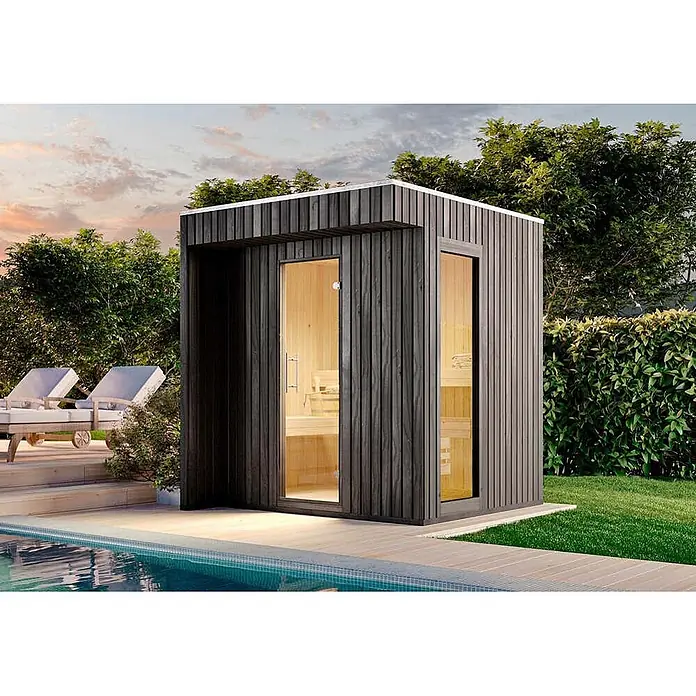 FinnTherm Saunahaus Siena Small - L x B x H: 211 x 20 x 236 cm - Moderne Außensaunakabine mit dunkler Holzverkleidung und Glasfronten, neben einem Swimmingpool.