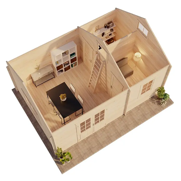 Alpholz Gartenhaus Arizona - Außenmaß inkl. Dachüberstand (B x T): 678 x 490 cm, Holz, Naturbelassen - Draufsicht auf helles Holz-Gartenhaus-Interieur, mit Essbereich, Wohnraum mit Sessel und Dachboden mit Leiter.