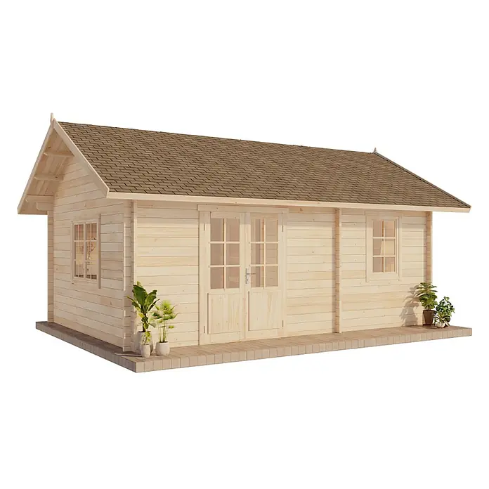 Alpholz Gartenhaus Arizona - Außenmaß inkl. Dachüberstand (B x T): 678 x 490 cm, Holz, Naturbelassen - Helle Gartenhütte aus Holz mit braunem Schindeldach, Doppeltüren und Fenstern, mit kleiner Terrasse.
