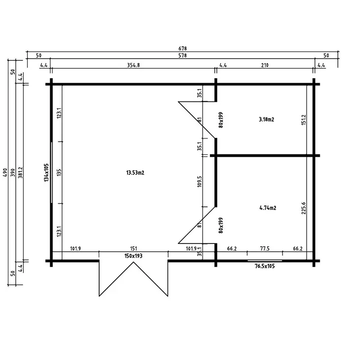 Alpholz Gartenhaus Arizona - Außenmaß inkl. Dachüberstand (B x T): 678 x 490 cm, Holz, Naturbelassen - Grundriss eines Gebäudes mit Raumaufteilung, Abmessungen und Flächenangaben.
