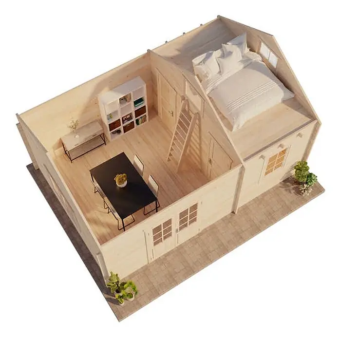 Alpholz Gartenhaus Arizona - Außenmaß inkl. Dachüberstand (B x T): 678 x 490 cm, Holz, Naturbelassen - Helle Holzhütte von oben, zeigt offenes Interieur mit Wohnbereich (Esstisch) und Schlaf-Loft (Bett) oben, zugänglich per Leiter.