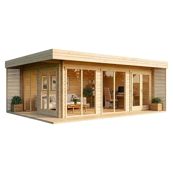 Alpholz Gartenhaus Viva B - Außenmaß inkl. Dachüberstand (B x T): 670 x 482 cm, Holz, Naturbelassen - Moderner Gartenpavillon aus hellem Holz mit großen Glastüren, der separate Lounge- und Bürobereiche zeigt.