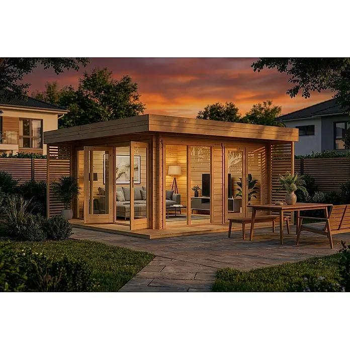 Alpholz Gartenhaus Viva A - Außenmaß inkl. Dachüberstand (B x T): 480 x 472 cm, Holz, Naturbelassen - Modernes Holzgartenhaus mit Glastüren, als Wohnbereich eingerichtet, in einem Garten mit Terrasse bei Sonnenuntergang.
