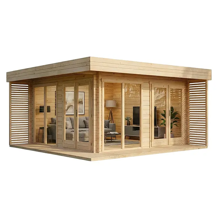 Alpholz Gartenhaus Viva A - Außenmaß inkl. Dachüberstand (B x T): 480 x 472 cm, Holz, Naturbelassen - Modernes Gartenhaus aus hellem Holz mit Glasfalttüren und Lamellenwänden, eingerichtetem Innenraum sichtbar.