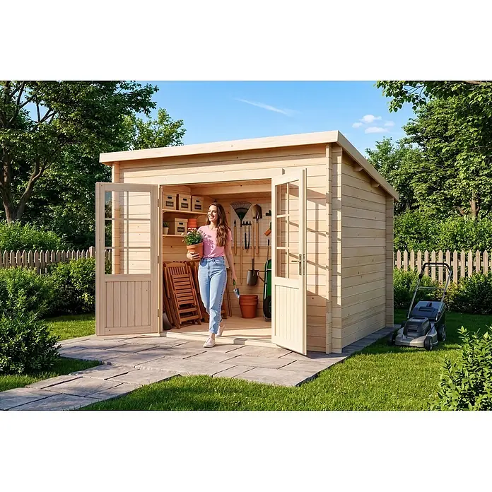 Alpholz Gartenhaus Maria - Außenmaß inkl. Dachüberstand (B x T): 300 x 272 cm, Holz, Naturbelassen - Geräumiger Geräteschuppen aus hellem Holz mit geöffneten Doppeltüren und organisiertem Inneren. Eine Frau tritt mit einer Topfpflanze heraus.