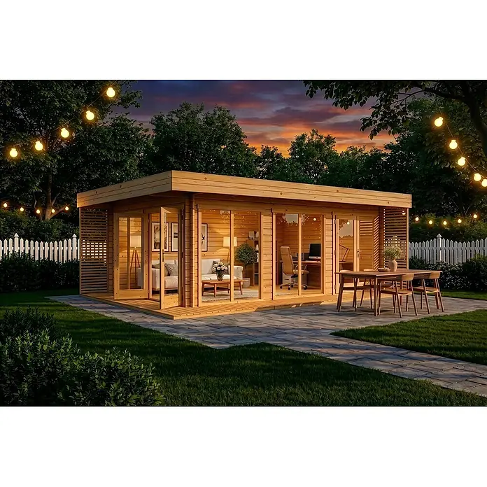 Alpholz Gartenhaus Viva B - Außenmaß inkl. Dachüberstand (B x T): 670 x 482 cm, Holz, Pinie - Helles Holz Gartenhaus mit Glastüren, multifunktionaler Raum für Arbeit und Entspannung im Garten.