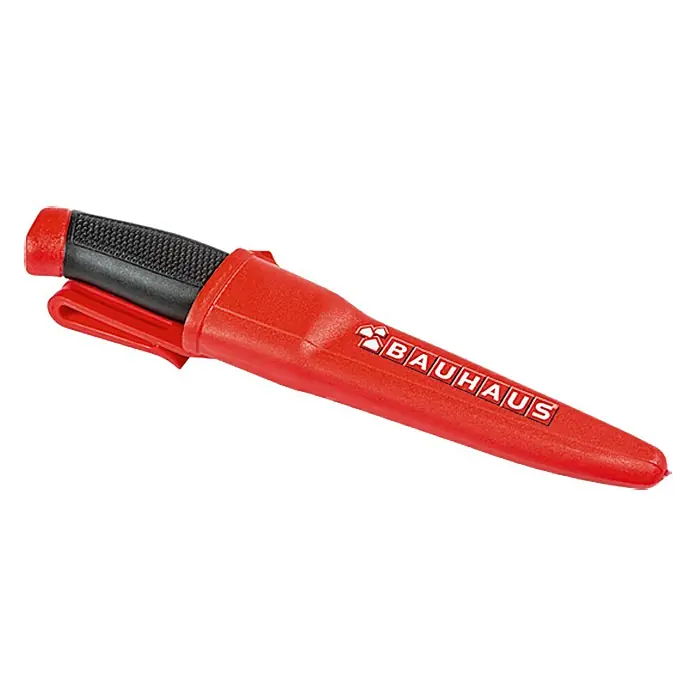 BAUHAUS Arbeitsmesser Mora 840 - Klingenbreite: 20 mm, Inkl. Köcherscheide - Abgebildetes Produkt: Ein rotes Bauhaus-Messer mit schwarzem Griff in einer roten Scheide.
