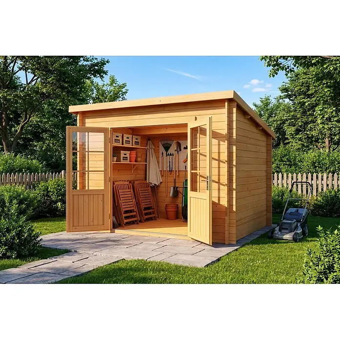 Alpholz Gartenhaus Maria - Außenmaß inkl. Dachüberstand (B x T): 300 x 272 cm, Holz, Pinie - Heller Holz-Gartenschuppen mit offenen Türen, zeigt organisierte Gartengeräte, Regale und Klappstühle innen, in einem sonnigen Garten mit Rasenmäher.