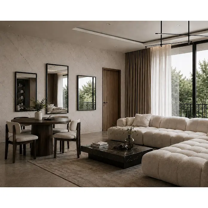 Cordia Rahmenspiegel - 100 x 65 cm, Schwarz, Aluminium - Großes, L-förmiges, cremefarbenes Modulsofa mit strukturierem Stoff und dunklem Marmor-Couchtisch in einem modernen Wohnzimmer.